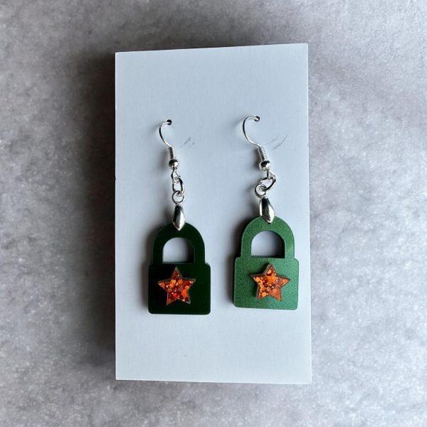 Glitter Padlock Dangle Earrings - Green Metallic Acrylic, Orange Star
