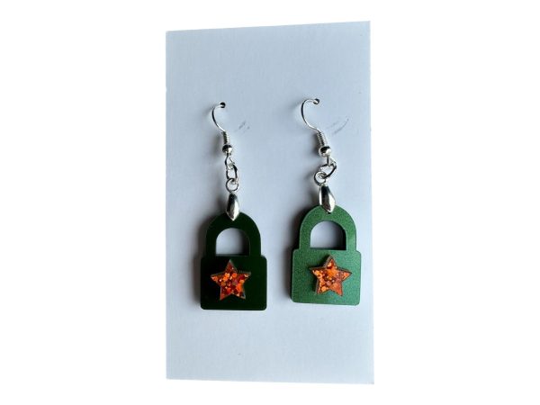 Glitter Padlock Dangle Earrings - Green Metallic Acrylic, Orange Star