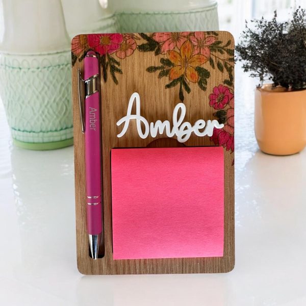 Personalized Pen and Sticky Note Holder, floral decor, office decor, handmade