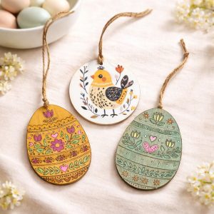 Hand Crafted Wood Easter Ornaments | Sublimation Rustic Chick & Handpainted Floral Egg Decor