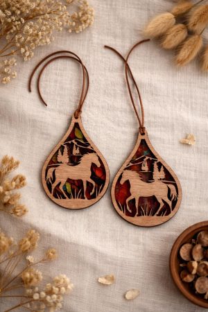 Walnut Plywood Suncatcher | Laser Cut Horse Scene Window Hanging | Rustic Decor