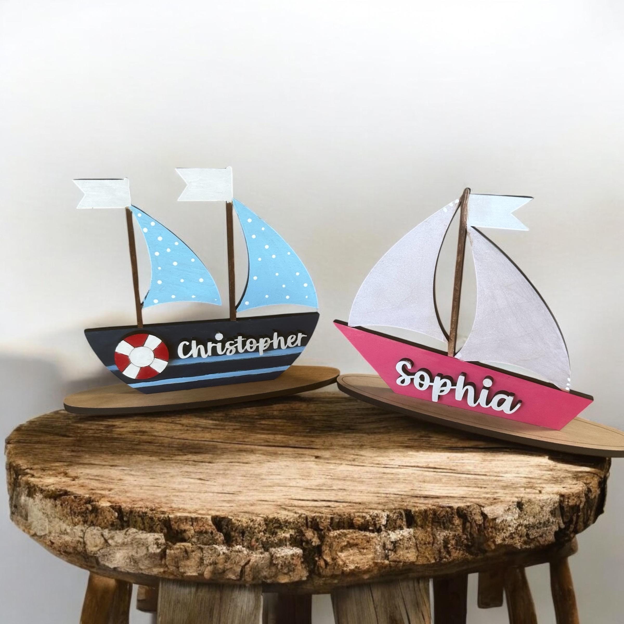 Personalized Hand-Painted Birch Wood Sailboat: Nautical Nursery Decor