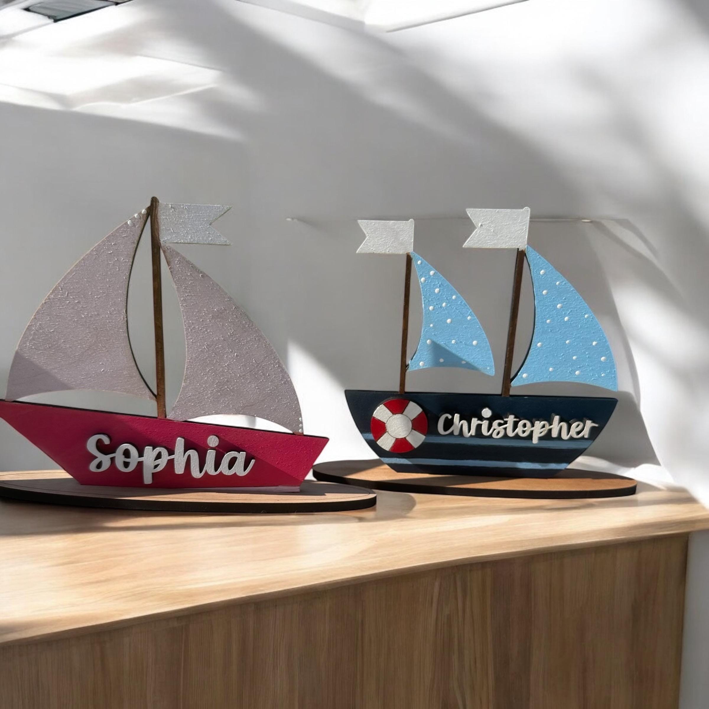 Personalized Hand-Painted Birch Wood Sailboat: Nautical Nursery Decor - Image 7