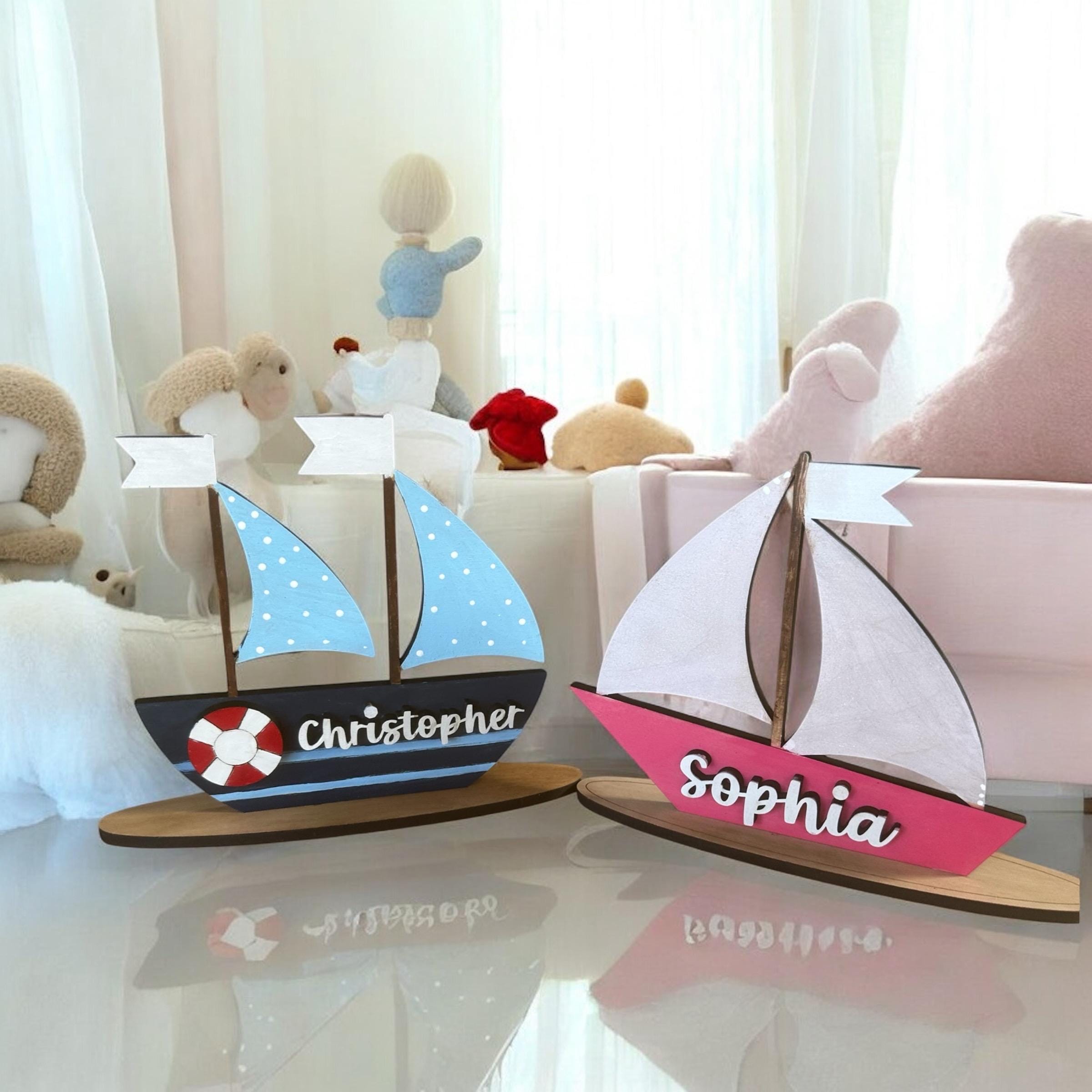 Personalized Hand-Painted Birch Wood Sailboat: Nautical Nursery Decor - Image 2