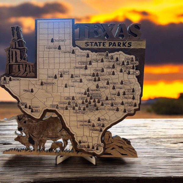 Texas State Park Travel Map,Hand Painted 3-Layer Wood Map, Adventure Tracker
