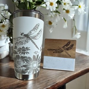 Tumbler Gift Set, Engraved Dragonfly Tumbler with Marble & Wood Coaster - 16 oz