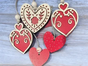 Hand Painted Valentine Ornaments Set of 5 | Wooden Heart Ornaments | Maple & MDF | Valentine Decor | Rustic Farmhouse Hearts