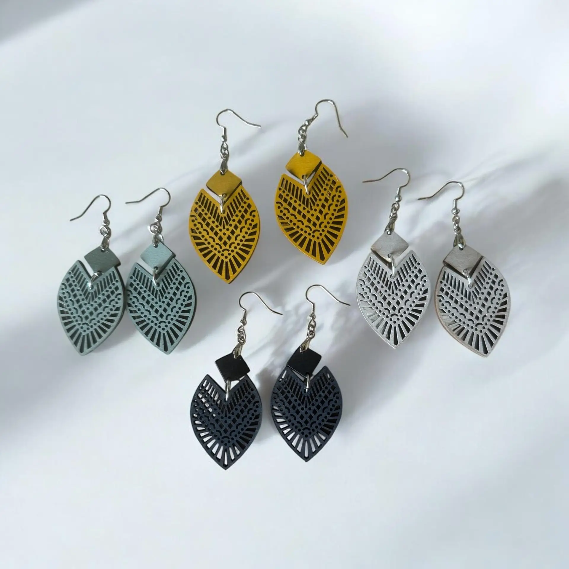 Handmade Wood Boho Dangle Earrings-intricate Pedal Cut Design, Lightweight Statement Jewelry, 4 Color Options - Image 3