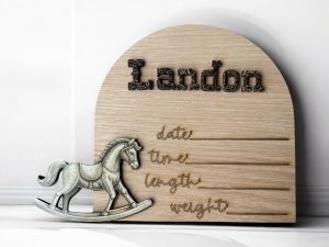 Western Baby Announcement Wooden Sign, Rocking Horse Design, Baby Stats-Handmade