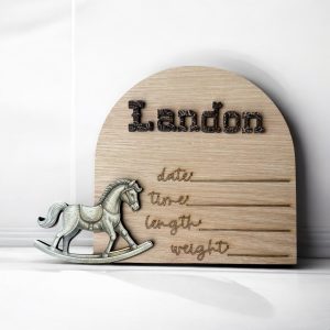 Western Baby Announcement Wooden Sign, Rocking Horse Design, Baby Stats-Handmade