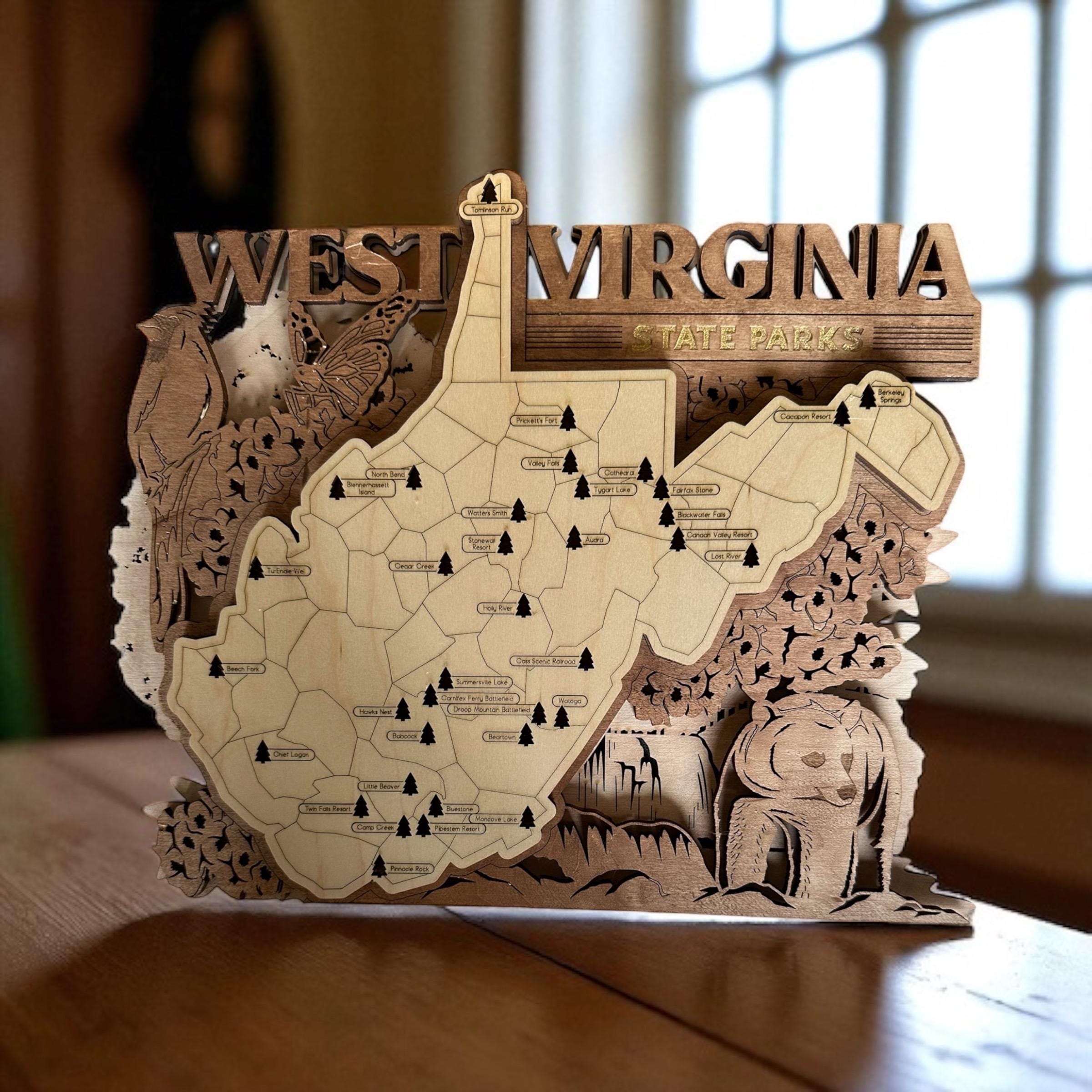 Hand-Painted WV State Park Map: Laser-Cut Wood Art with Tree Trackers - Image 7