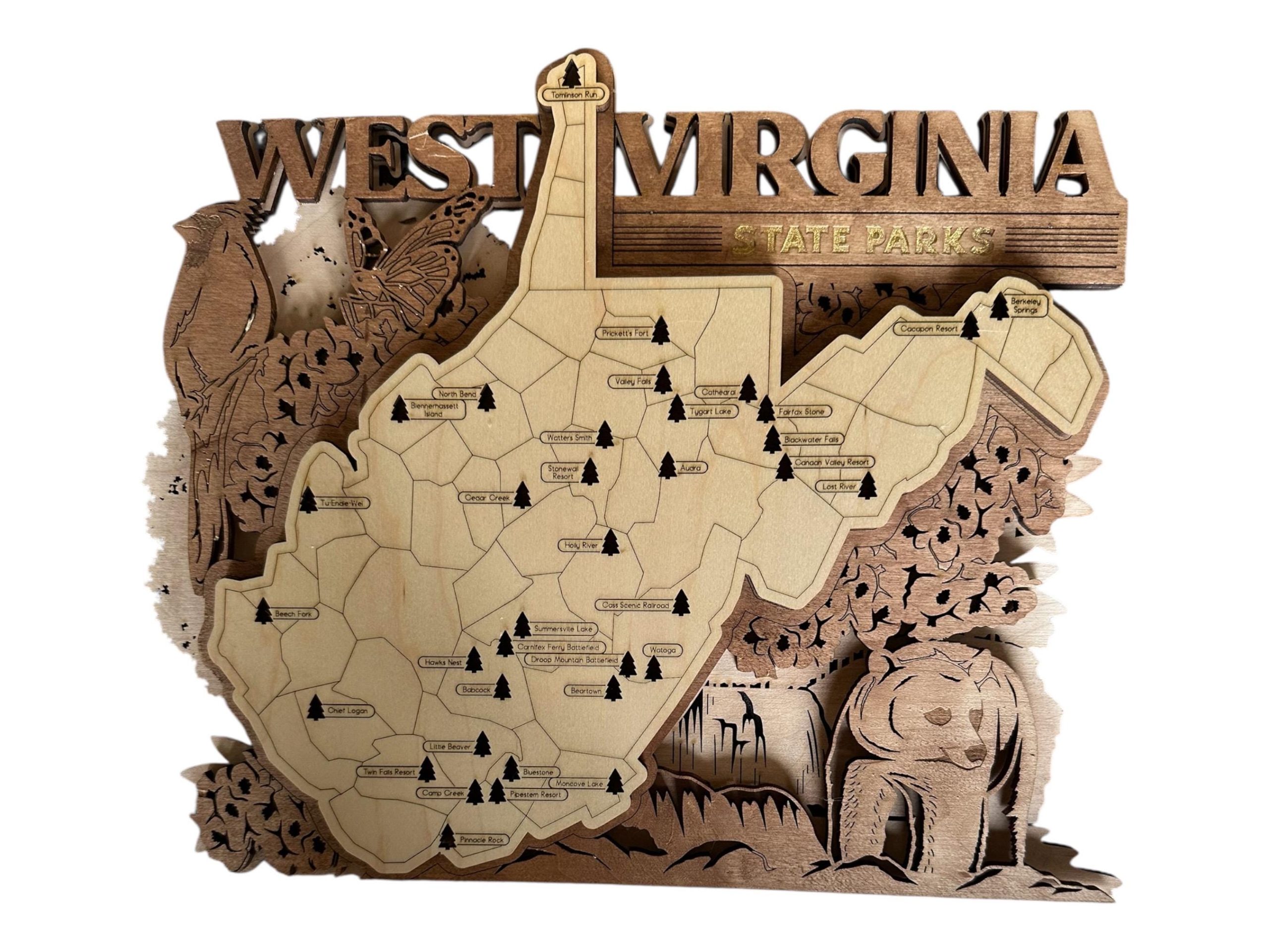 Hand-Painted WV State Park Map: Laser-Cut Wood Art with Tree Trackers - Image 2