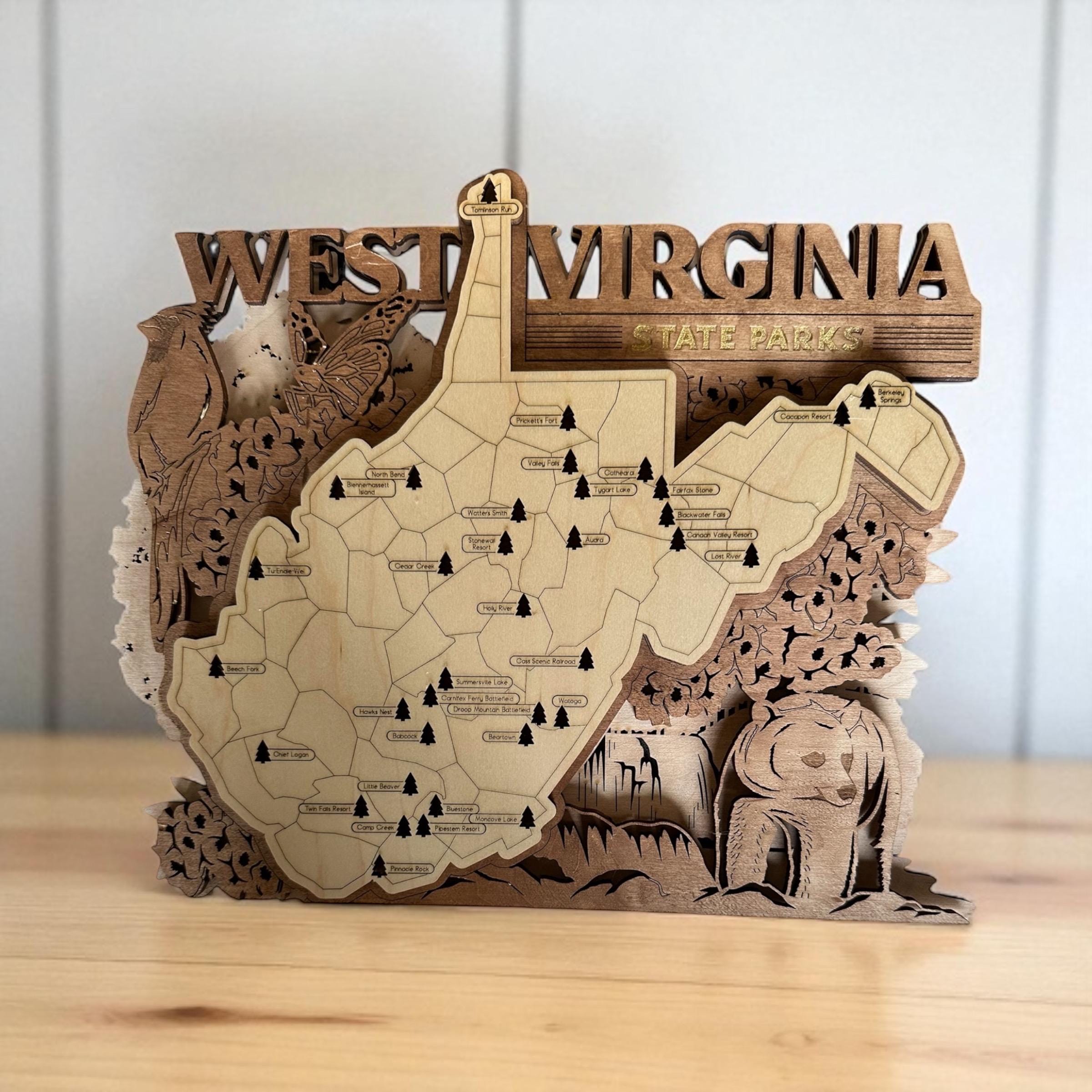 Hand-Painted WV State Park Map: Laser-Cut Wood Art with Tree Trackers - Image 6