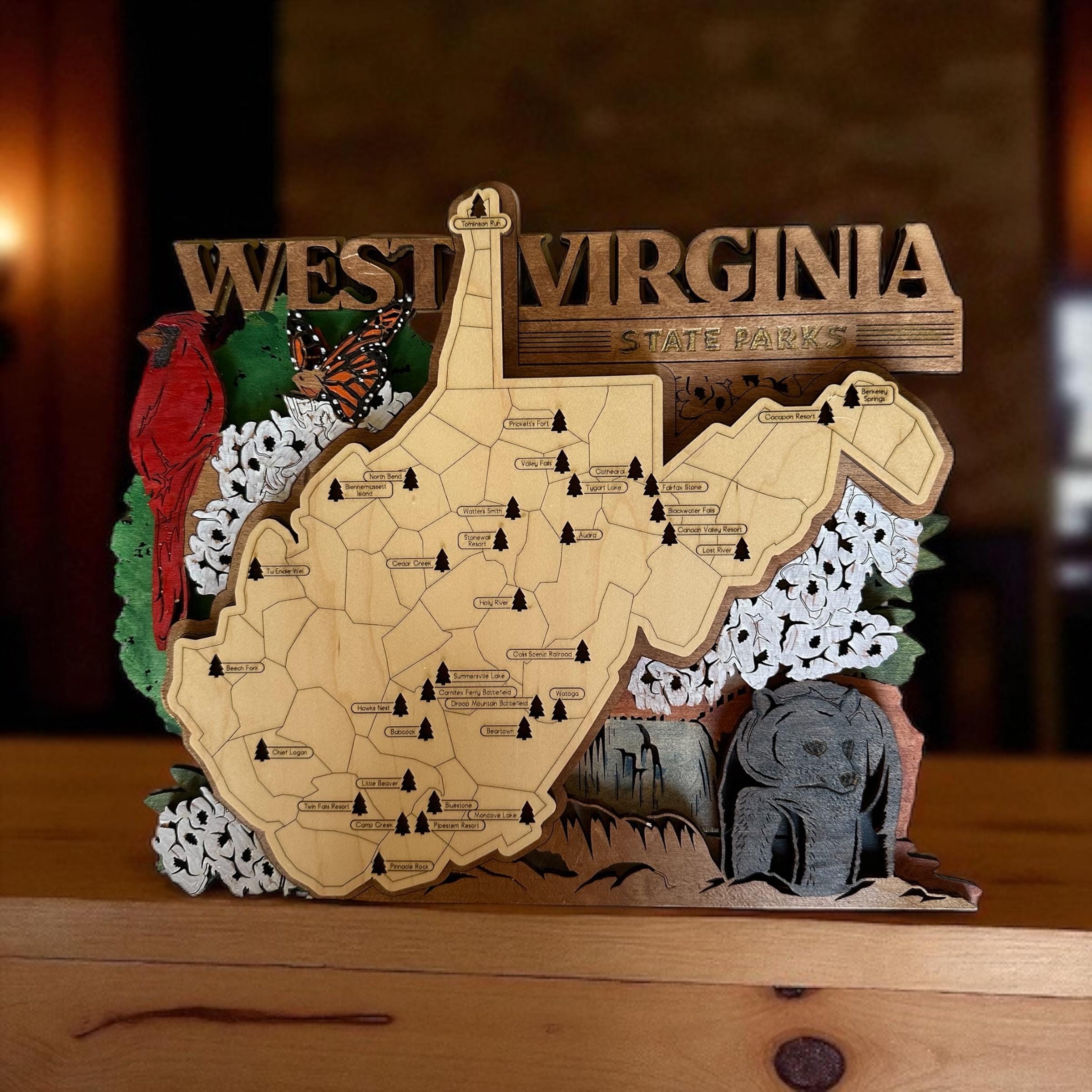 Hand-Painted WV State Park Map: Laser-Cut Wood Art with Tree Trackers - Image 5