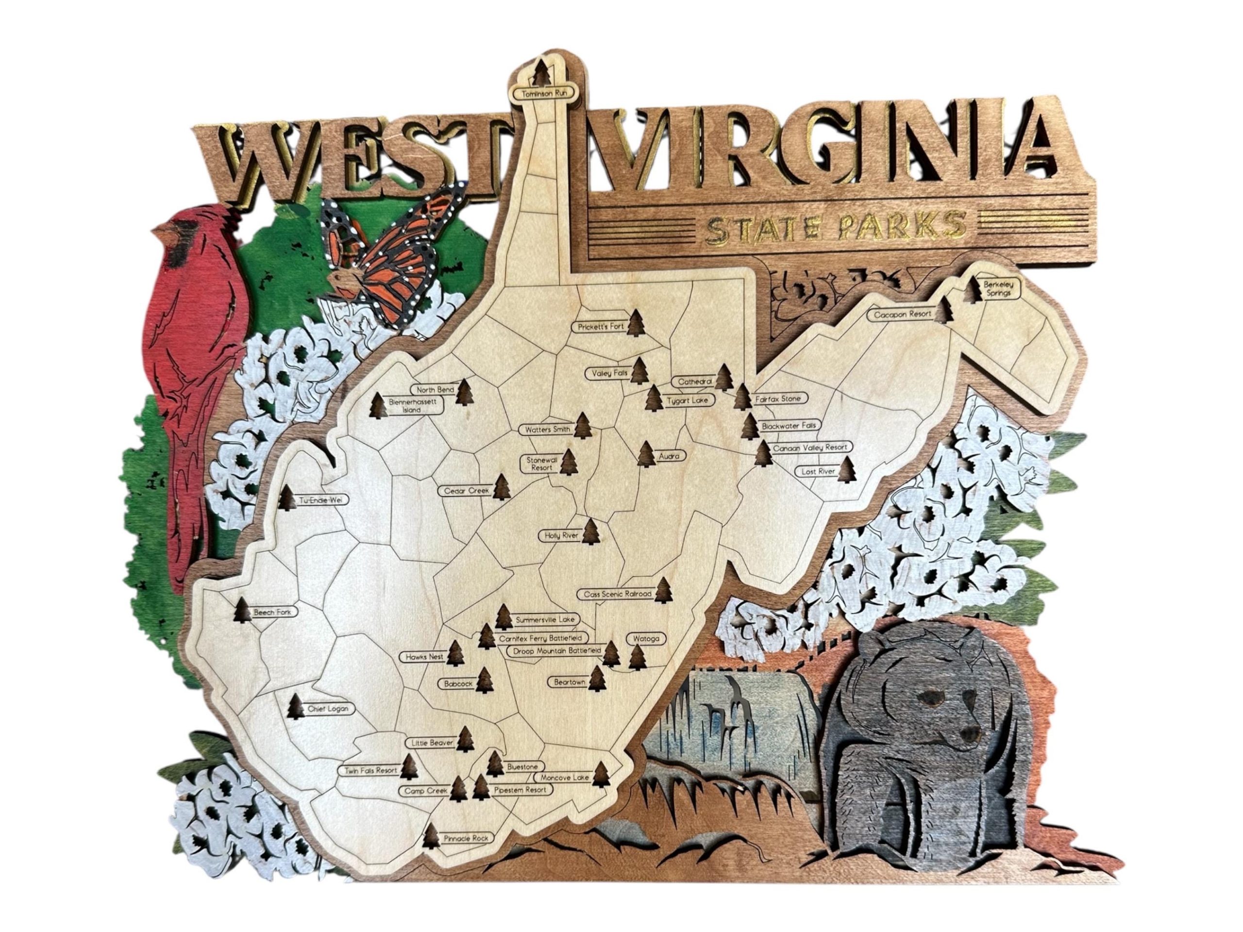 Hand-Painted WV State Park Map: Laser-Cut Wood Art with Tree Trackers - Image 3