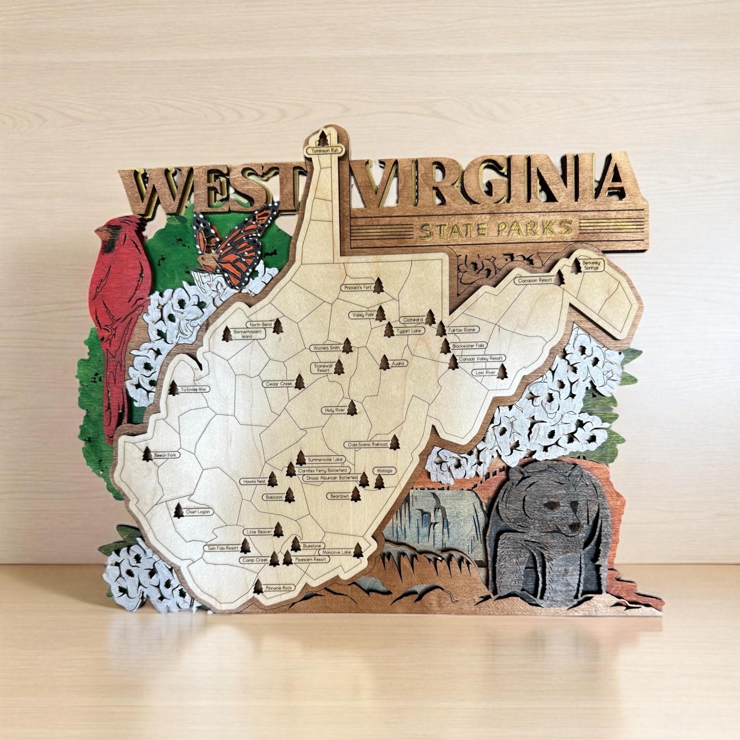 Hand-Painted WV State Park Map: Laser-Cut Wood Art with Tree Trackers - Image 4