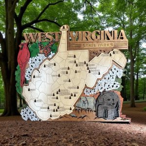 Hand-Painted WV State Park Map: Laser-Cut Wood Art with Tree Trackers