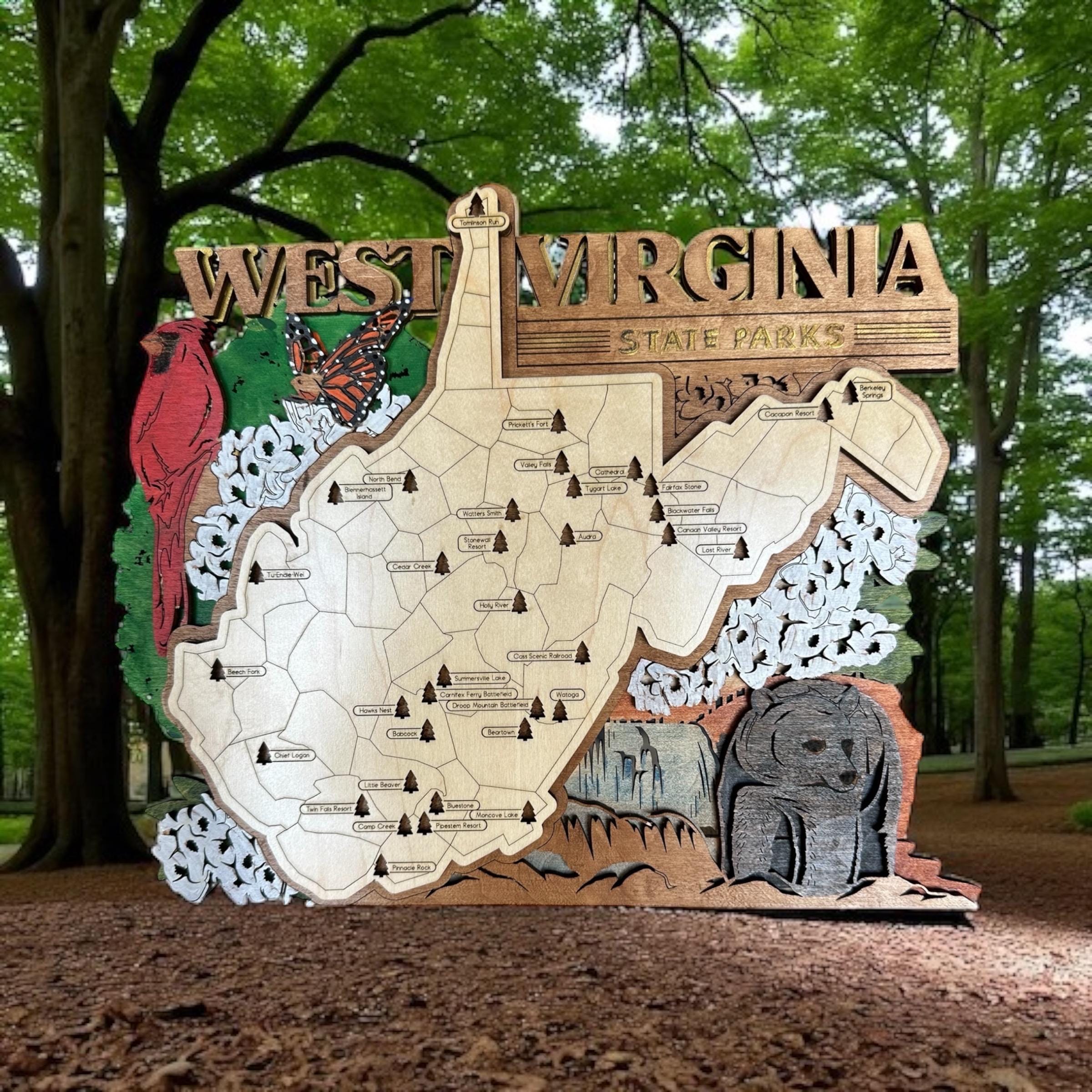 Hand-Painted WV State Park Map: Laser-Cut Wood Art with Tree Trackers