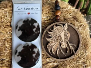 il_fullxfull.7137425172_5aoi.jpg Western Car Accessory Gift Set: Horse Charm & Cowhide Coasters - USA Made