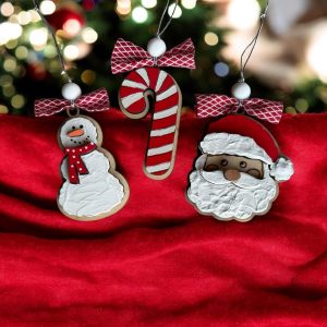 Hand-Painted Wooden Cookie Ornaments: Santa, Snowman, Candy Cane