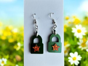 Glitter Padlock Dangle Earrings: Green Metallic Acrylic, Orange Star