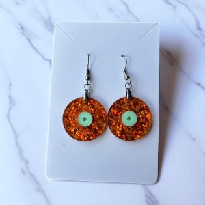 Showgirl Vinyl Dangle Earrings, Music Inspired Swift Design, Orange Glitter Statement Earrings