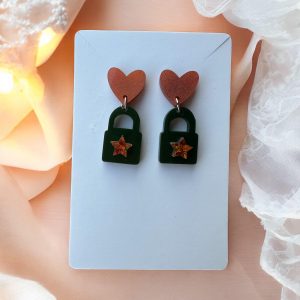 TS Heart Padlock Dangle Earrings: Metallic Orange, Glitter Star Accent