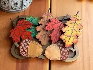 il_fullxfull.7274146284_rks0.jpg Hand Painted Wood Acorns and Leaves Display: Fall Farmhouse Decor, Maple Plywood, Laser Cut