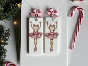 Ballerina Frog Acrylic Dangle Earrings, Pink Bow Topper, Handmade, Whimsical Nutcracker Inspired Jewelry