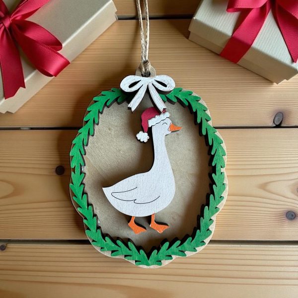 Hand Painted Christmas Goose Ornament-3.5” maple plywood, Laser Cut Holiday Decor