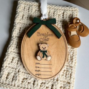 Custom Baby Bear Announcement Sign, Wooden Stat Keepsake, Laser Engraved Maple Plywood, Hand Painted