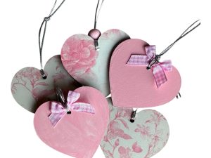 5 Piece Handmade Wooden Heart Ornament Collection, Valentine Decor, Pink Romantic Heart, Cottagecore