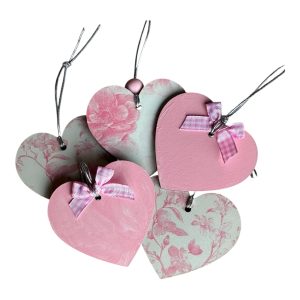 5 Piece Handmade Wooden Heart Ornament Collection, Valentine Decor, Pink Romantic Heart, Cottagecore