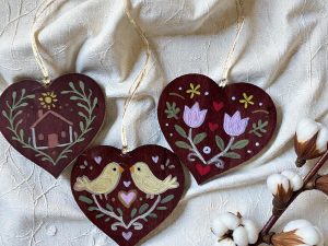 Hand Painted Wooden Heart Ornaments | Rustic Folk Art Valentine Decor | Handmade Wood Hanging Hearts