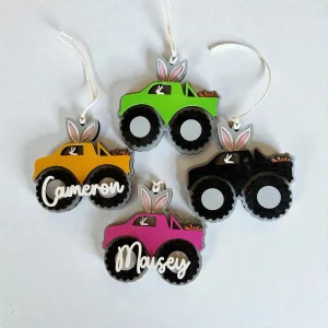 Personalized Easter Tag, Hand Painted Bunny Truck, Maple Plywood Decor