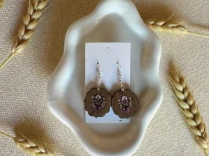 Hand Painted Wood Floral Earrings, Rustic Boho Dangle Jewelry