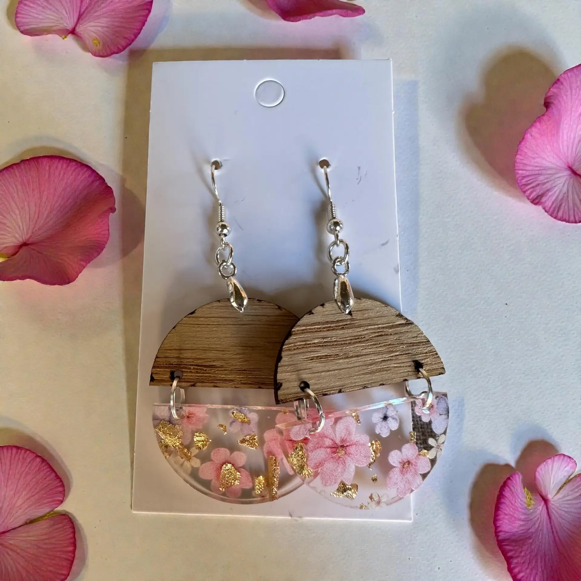 Handcrafted Wood & Floral Acrylic Earrings | Boho Dangle Earrings | Lightweight Statement Jewelry | Gift for Her - Image 3