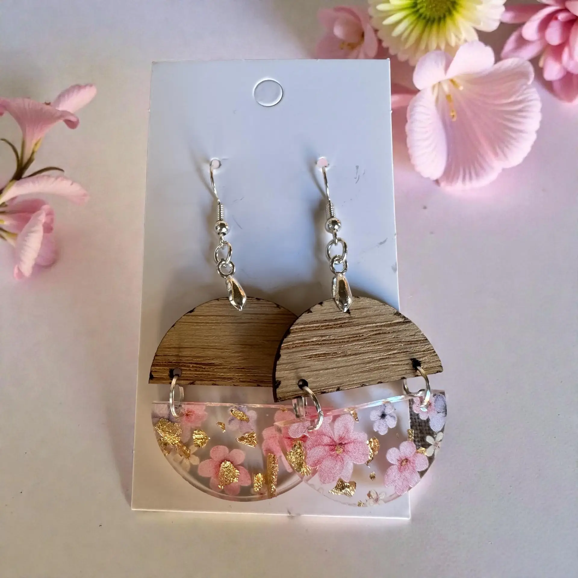 Handcrafted Wood & Floral Acrylic Earrings | Boho Dangle Earrings | Lightweight Statement Jewelry | Gift for Her - Image 6