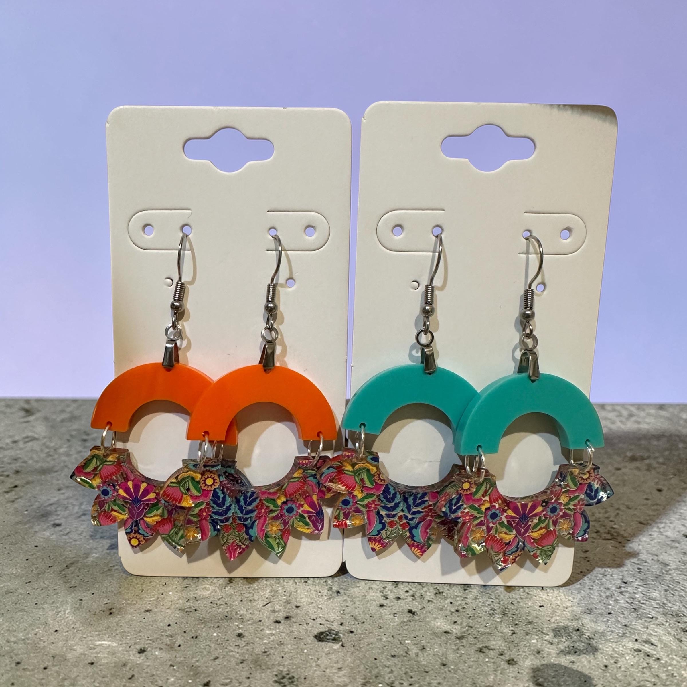 Mexican Floral Arch Earrings | Mirror Acrylic Statement Dangles, Boho Jewelry