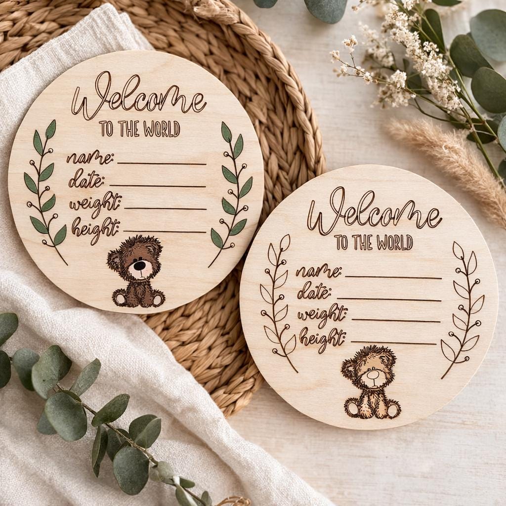 Personalized Teddy Bear Birth Announcement Plaque, Maple Plywood Baby Stats Sign - Image 4