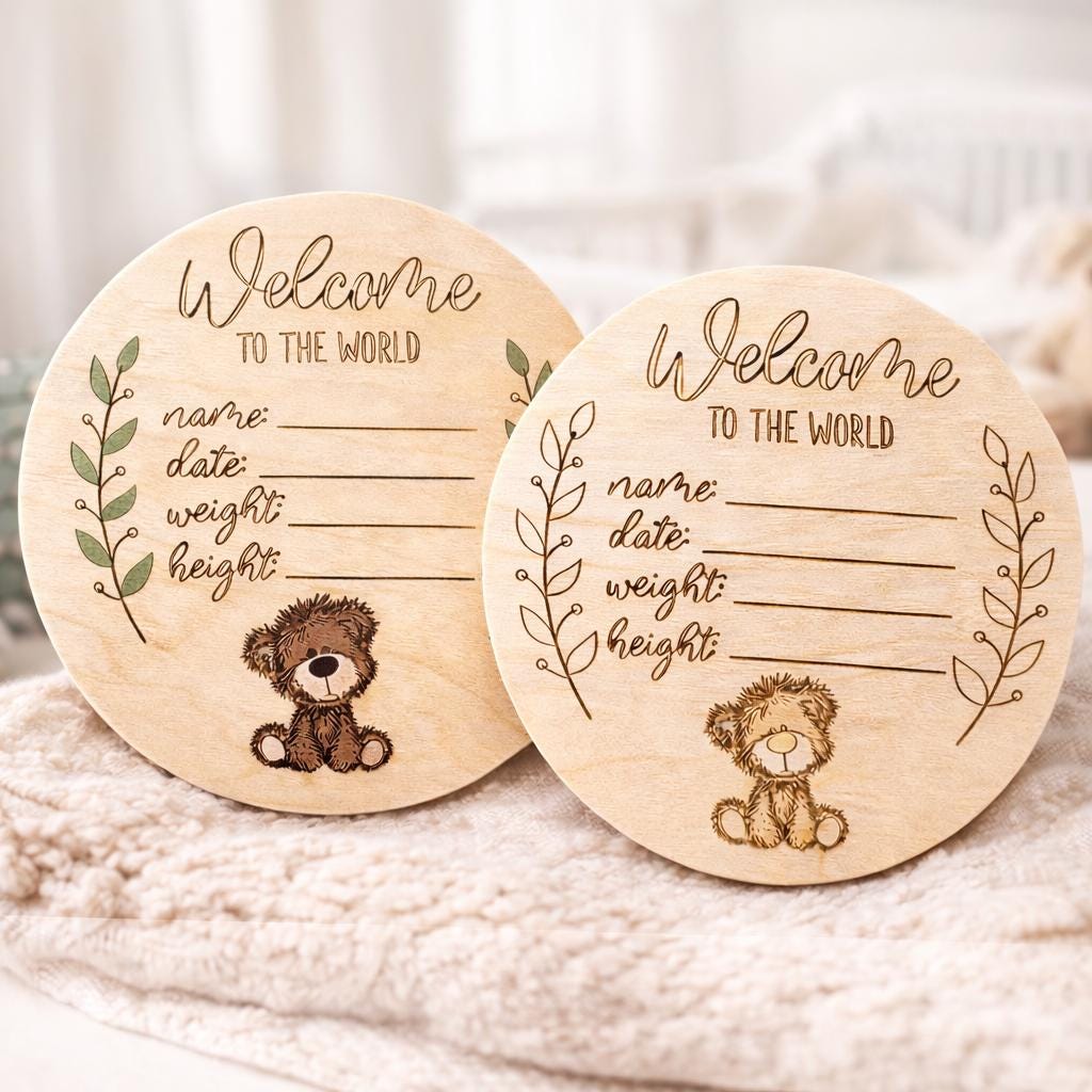 Personalized Teddy Bear Birth Announcement Plaque, Maple Plywood Baby Stats Sign - Image 2