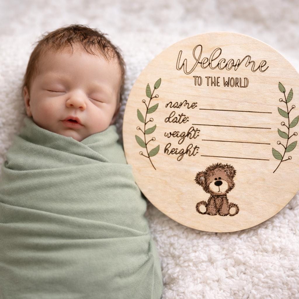 Personalized Teddy Bear Birth Announcement Plaque, Maple Plywood Baby Stats Sign