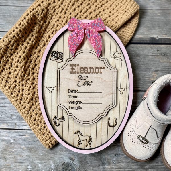 Personalized Western Baby Birth Announcement Sign | Maple Plywood Name Plaque