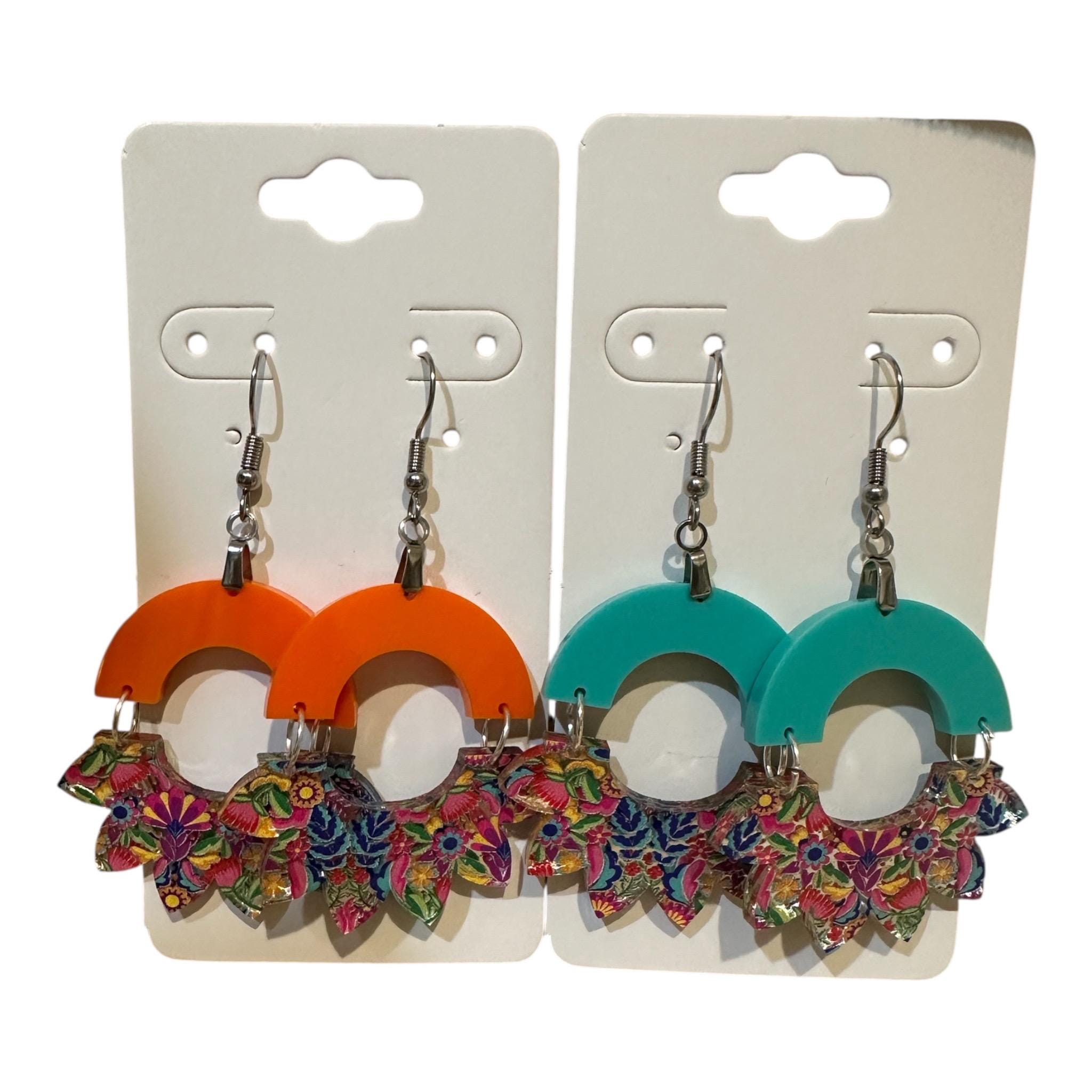 Mexican Floral Arch Earrings | Mirror Acrylic Statement Dangles, Boho Jewelry - Image 2