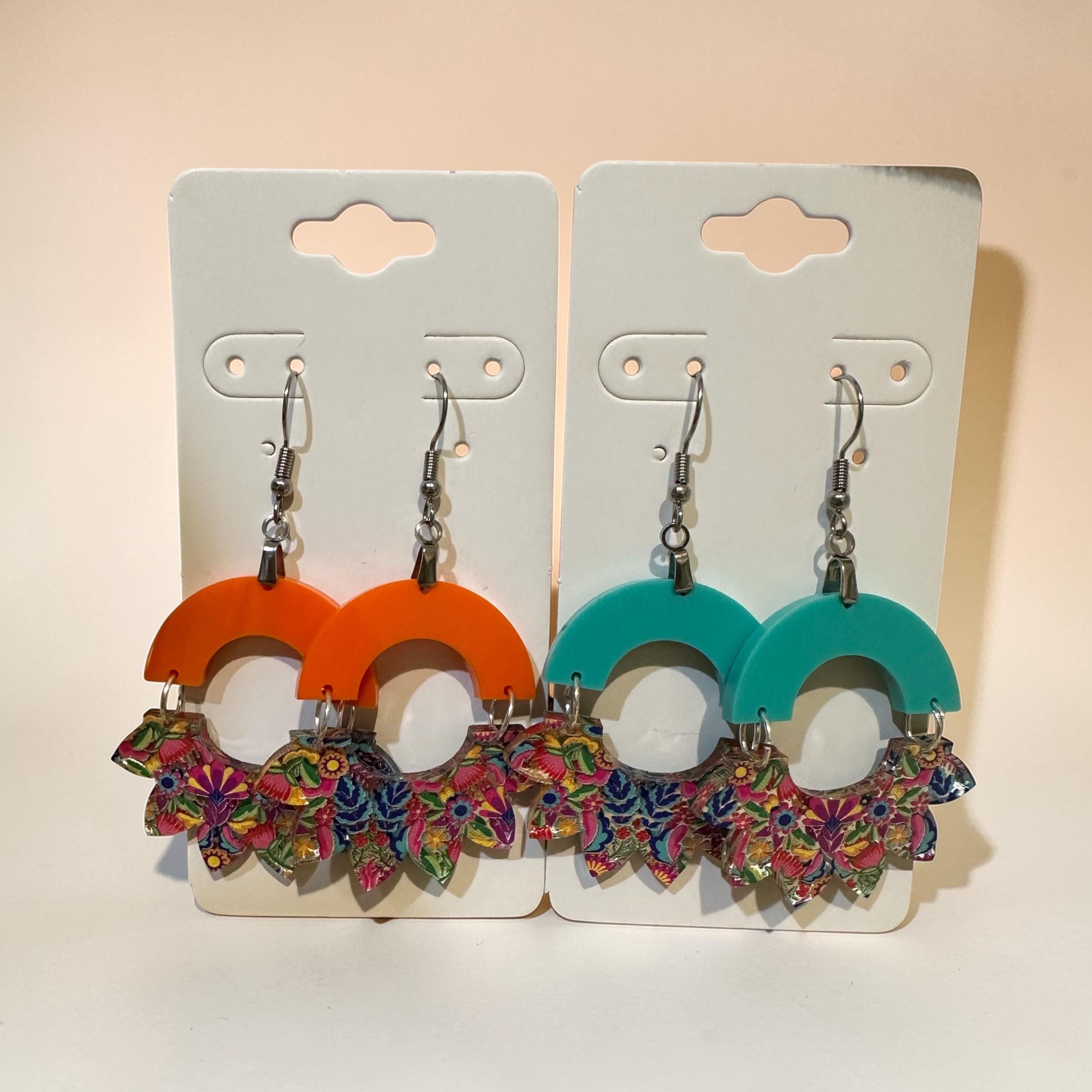 Mexican Floral Arch Earrings | Mirror Acrylic Statement Dangles, Boho Jewelry - Image 3