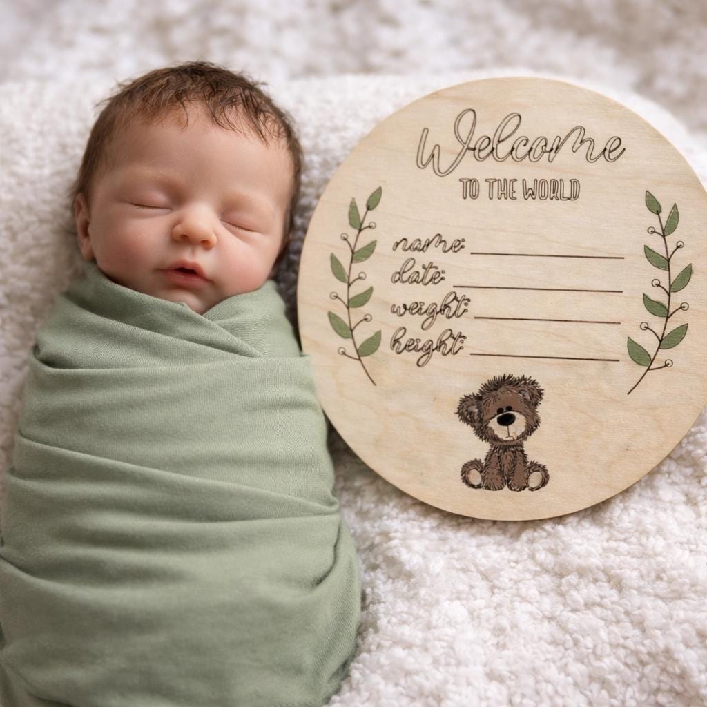 Personalized Teddy Bear Birth Announcement Plaque, Maple Plywood Baby Stats Sign - Image 9