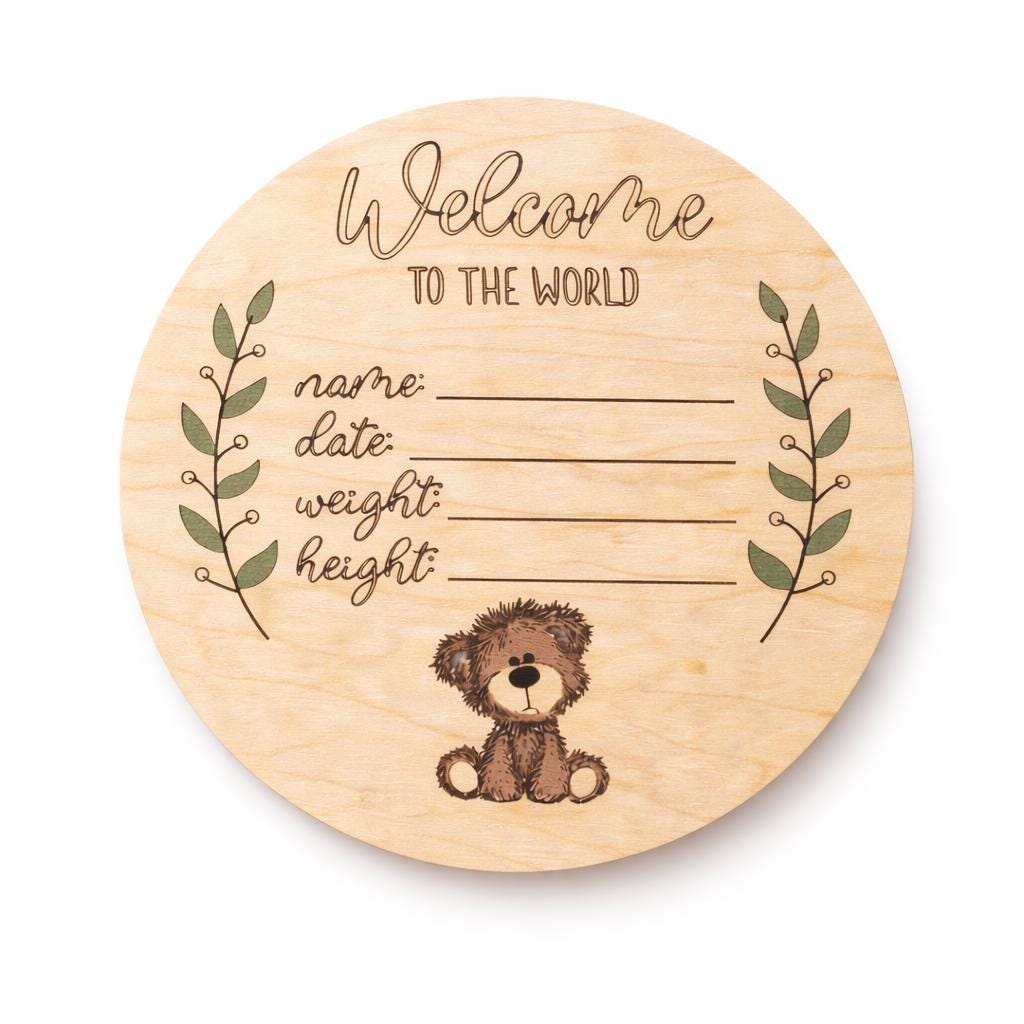 Personalized Teddy Bear Birth Announcement Plaque, Maple Plywood Baby Stats Sign - Image 3