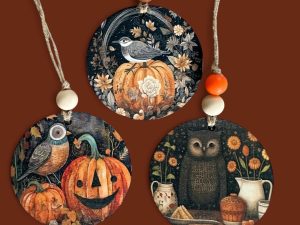 Handmade Fall Ornament Set: Rustic Pumpkin, Owl, and Bird Decor