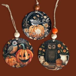 Handmade Fall Ornament Set: Rustic Pumpkin, Owl, and Bird Decor