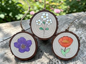 Hand Painted Maple Wood Ornament, Daisy Poppy Pansy Floral Art, Rustic Round Wall Decor